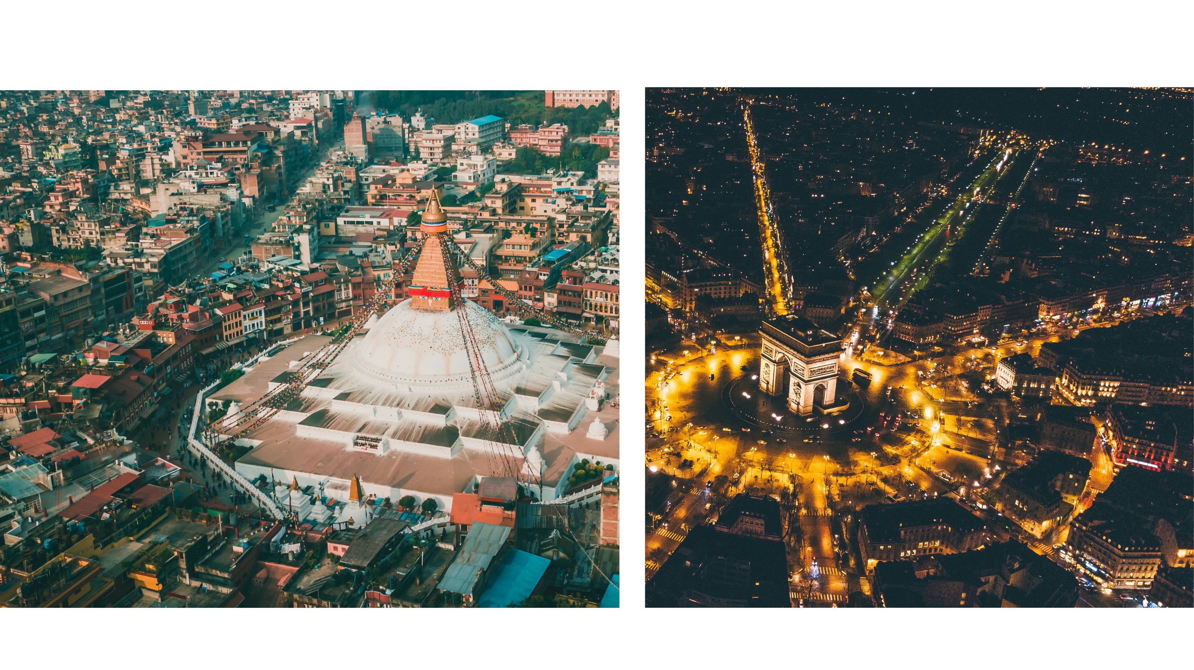 Boudhanath Stupa, Kathmandu, Nepal and Arc de Triomphe, Paris, France